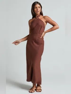 SHOWPO Maelynn Linen Twist Halter Neck Low Back Slip Dress In Chocolate thumbnail 4
