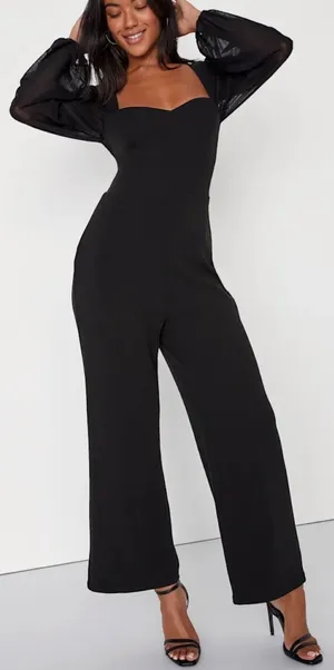 NWT Lulus Size Small Perfect Charisma Black Mesh Long Sleeve Wide-Leg Jumpsuit thumbnail 1