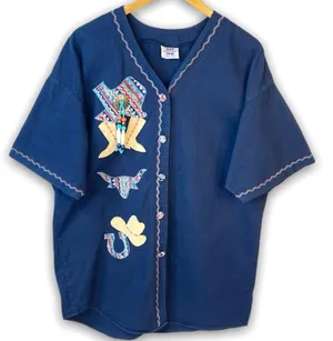 Vintage Western Theme Top Blouse Shirt Texas Rodeo Applique Concho Beads OSFM thumbnail 5