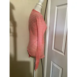 Free People Womens Coral Pink Striped Waffle Knit Thermal Long Sleeve Top M thumbnail 2