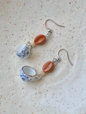 Handmade porcelain mug cup & coffee beans unique fun fairy antique style dangle earrings☕️🍃🌀 thumbnail 3