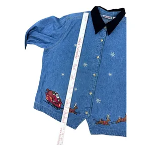 Vintage Bill Blass‎ Holiday Denim Shirt Santa Embroidery Black Velvet Collar XL thumbnail 6