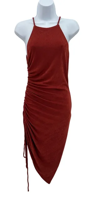 VICI Rust Orange Ruched Asymmetrical Halter Neck Bodycon Midi Dress Size Medium‎ thumbnail 1