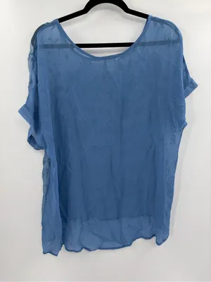 SUNDANCE Blue Embroidered Silk Short Sleeve Sheer Overlay Blouse Top Sz large thumbnail 11