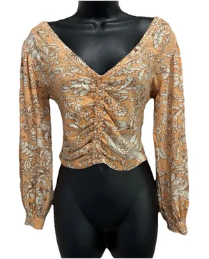Free‎ People Orange/White Floral Long Sleeve Crop Rouching V Neck Blouse Size XS thumbnail 1
