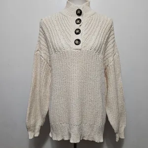 Aerie Cream Button Mockneck Cable Knit Detail Sweater Size Large thumbnail 2