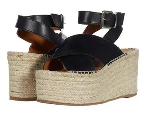 Alohas Sandals Vegas Platform Espadrilles Sandal Black Wedge Leather Jute Strap thumbnail 1