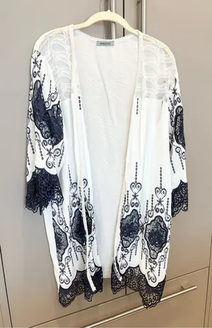 Angela Mara Made In Italy Viscose Embroidered Lace Open Kimono Cardigan L thumbnail 1