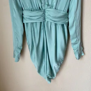 House of CB Pascale Aqua Draped Plunge Satin Mini Dress Womens Size M Mint Green thumbnail 15