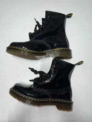 Dr. Martens Black Patent‎ Lace-Up 8-Eye Boots with Yellow Stitching thumbnail 1