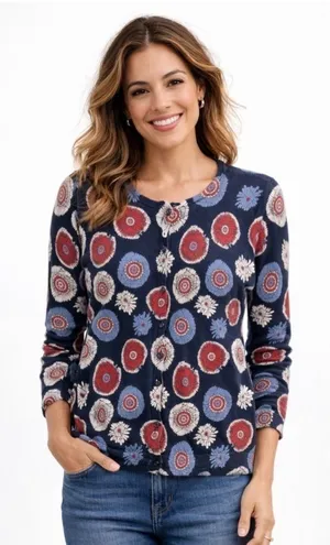 Ann Taylor Loft Women's Red White Blue Print Lightweight Cardigan Size Medium thumbnail 1