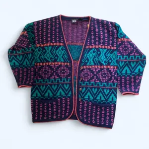 Vintage 80s Colorful Cardigan Sweater Chunky Aztec Patterned Women's Medium thumbnail 2