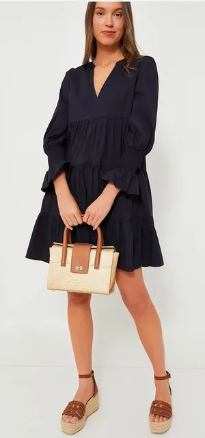 Pomander Place Kenzo Dress Navy Cotton Poplin Tiered Ruffle Mini Dress‎ Size XS thumbnail 1
