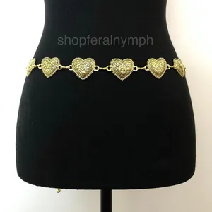 Vintage Y2K Boho Gold Textured Heart Chain Belt, Fits 22.5–40 Inches, X7GA1173 thumbnail 1