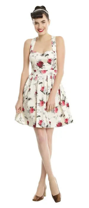 Hell Bunny Eloise‎ Mini Dress Rose Print Cream Bow Adjustable Straps Sz XS Retro thumbnail 1