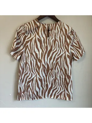 Bohme Brown White Zebra Print Satin Short Sleeve Top Keyhole Back Size S NWT thumbnail 2
