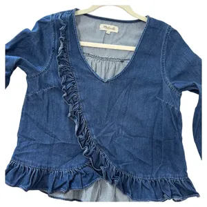 Madewell Womens Size-S Blue Denim Ruffle Detail Cotton Blouse Top Cropped thumbnail 5