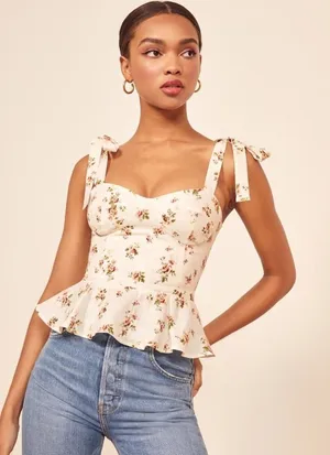 Reformation Kassi Top Geraldine Floral Linen Peplum Bustier Tie Strap Size 4 thumbnail 1