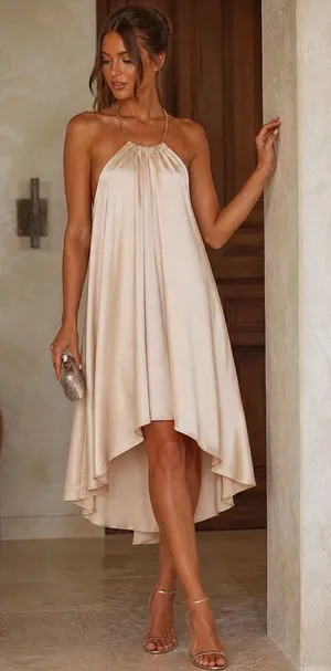 Storia Champagne Satin Halter Chain Dress Size L Elegant Flowy thumbnail 1