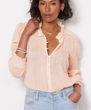 Faherty Willa Rosette Peach Organic Cotton Pintuck Ruffle Blouse XL thumbnail 1