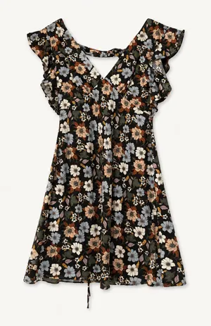 Altar'd State Floral Ruffle-Sleeve V-Neck Dress in Black thumbnail 1