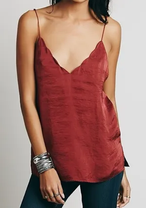 Free People • Sensual Satin Scallop Deep V Cami top tank Burnt Earth rust red thumbnail 1