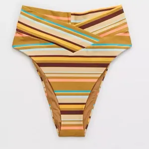 Aerie • NWT Yellow and Brown Blue Striped Bikini Bottom High Cut Cheeky thumbnail 1