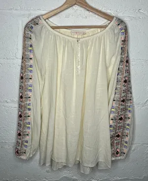 Tory‎ Burch Luna Gauzy Cream Embroidered Peasant Blouse Scoop Neck Size Medium thumbnail 1