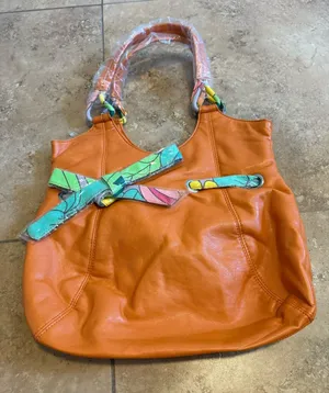 Orange Leather Shoulder Bag with Colorful Scarf Accent thumbnail 1