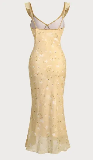 Rihoas Yellow Floral Ruched Ruffle Midi Dress thumbnail 2