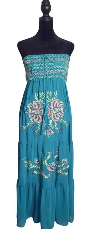 Flying Tomato BOHO Embroidered Floral Smocked Strapless Tiered Maxi Dress Womens S Teal Beach thumbnail 1
