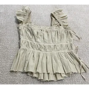 Free People Beige Ruffle Sleeve Drawstring Cropped Blouse Cotton Size S thumbnail 11