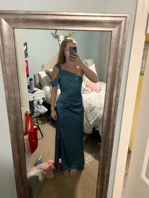 Azazie Wynter Bermuda sheath one shoulder stretch satin dress thumbnail 2