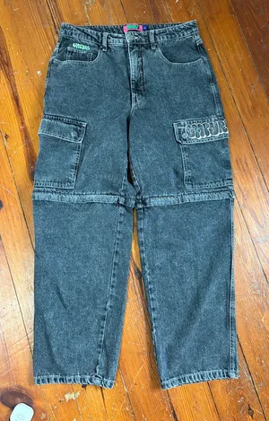 Vintage Y2K Empyre Washed Black Straight Leg Cargo‎ Jeans Zipper Knees Size 12 thumbnail 1