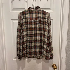 Mango MNG Womens Plaid Ruffle V-Neck Blouse Orange Black‎ Wool Blend 8 Academia thumbnail 6
