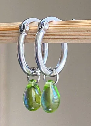 Handmade aurora olive green mini teardrop Czech glass simple minimalist hoop earrings💚🫒💕 thumbnail 4