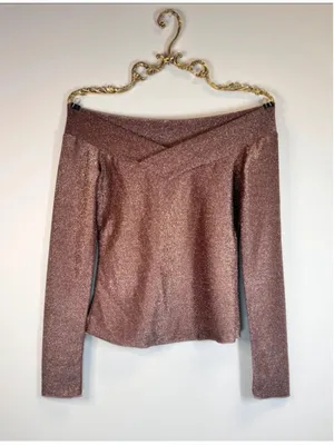 Metallic Rose Gold Off-Shoulder Long Sleeve Top Medium thumbnail 3