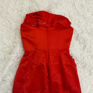 House of CB ADRIENNE Scarlet Satin Strapless Gown in red thumbnail 11