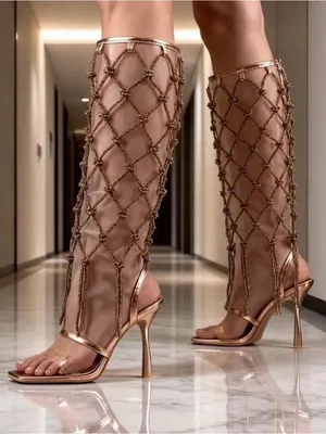 Cape Robbin Metallic Rose Gold Net Knee-High Stiletto Boots thumbnail 1