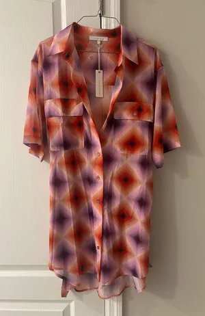 Olivaceous Geometric Short-Sleeve Button-Down Shirt Dress - Purple & Orange thumbnail 1