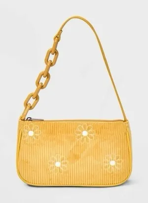 Art Class Y2K‎ Style Mini Bag Wristlet Yellow Corduroy Purse Embroidered Flowers Cottage thumbnail 1