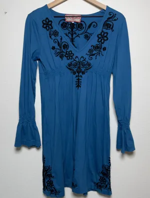 Johnny Was JWLA Women Cotton Tunic Mini Dress L Blue Embroidered Artsy Boho thumbnail 1