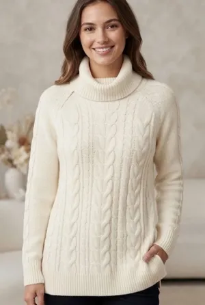 ST. JOHN'S BAY | NWT Woman's Cream Chunky Knit Zip Turtleneck Sweater, Size S‎ thumbnail 1