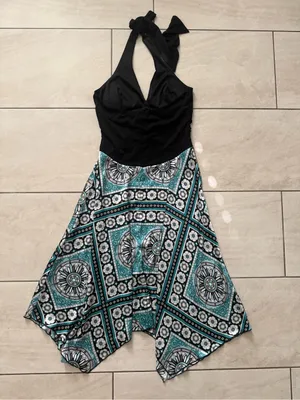 Dressbarn Size 6 Y2K Boho Halter Dress Teal Medallion Handkerchief Hem Ruched thumbnail 6