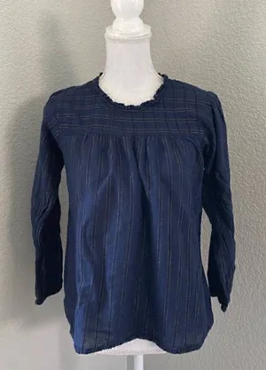 Anthropologie Maeve Navy Striped Long Sleeve Keyhole Back Pleated Blouse Size M thumbnail 1