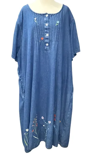 Vintage Embroidered Chambray Denim Dress Womens XXL Blue Floral Cottagecore Folk thumbnail 1