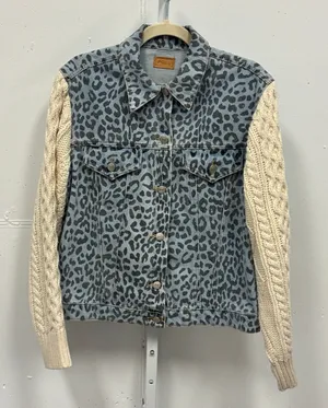 POL Leopard Print Denim Jacket Cable Knit Sleeves Blue Cream Small Oversized thumbnail 1