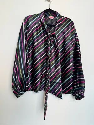 kate spade Black Satin Tie-Neck Blouse with Pink, Green, Blue and White Stripes thumbnail 8