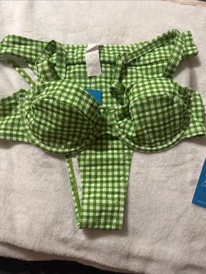 Cupshe Woman’s Green Gingham High-Waist Bikini Set Medium Removable Padding UW thumbnail 4