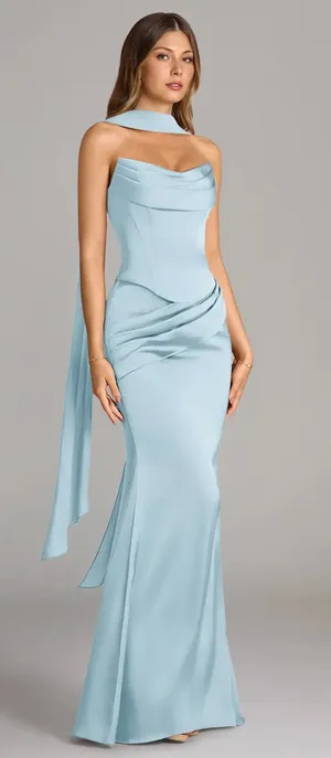 Azazie Sorrell Sky Blue Corset Maxi Gown with Draped Scarf thumbnail 1